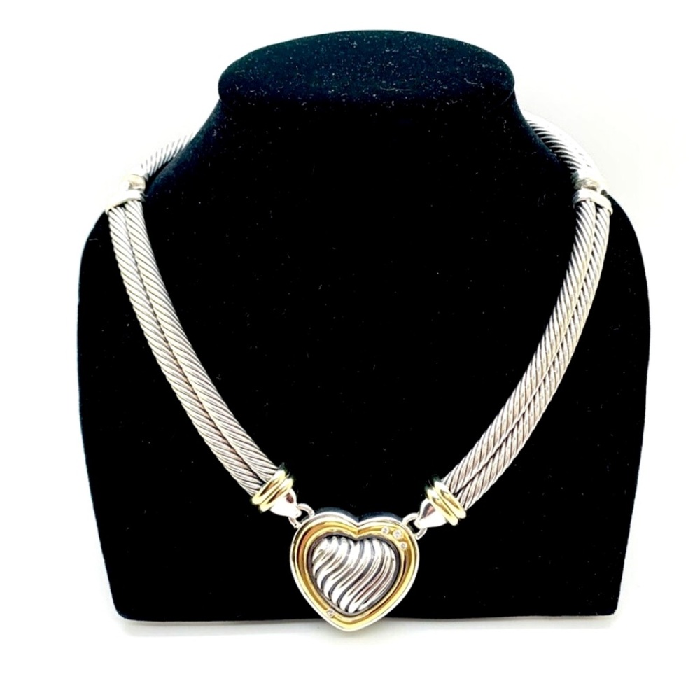 David Yurman Double Cable & Sterling 18k Gold and Diamond Heart Necklace